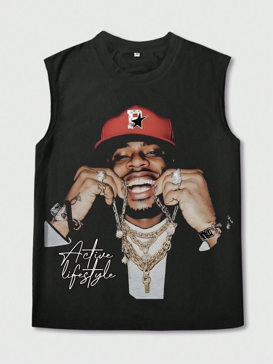 ROMWE Street Life Men's Printed Portrait Design Tank Top, Suitable For Daily Wear In Spring And Summer, School