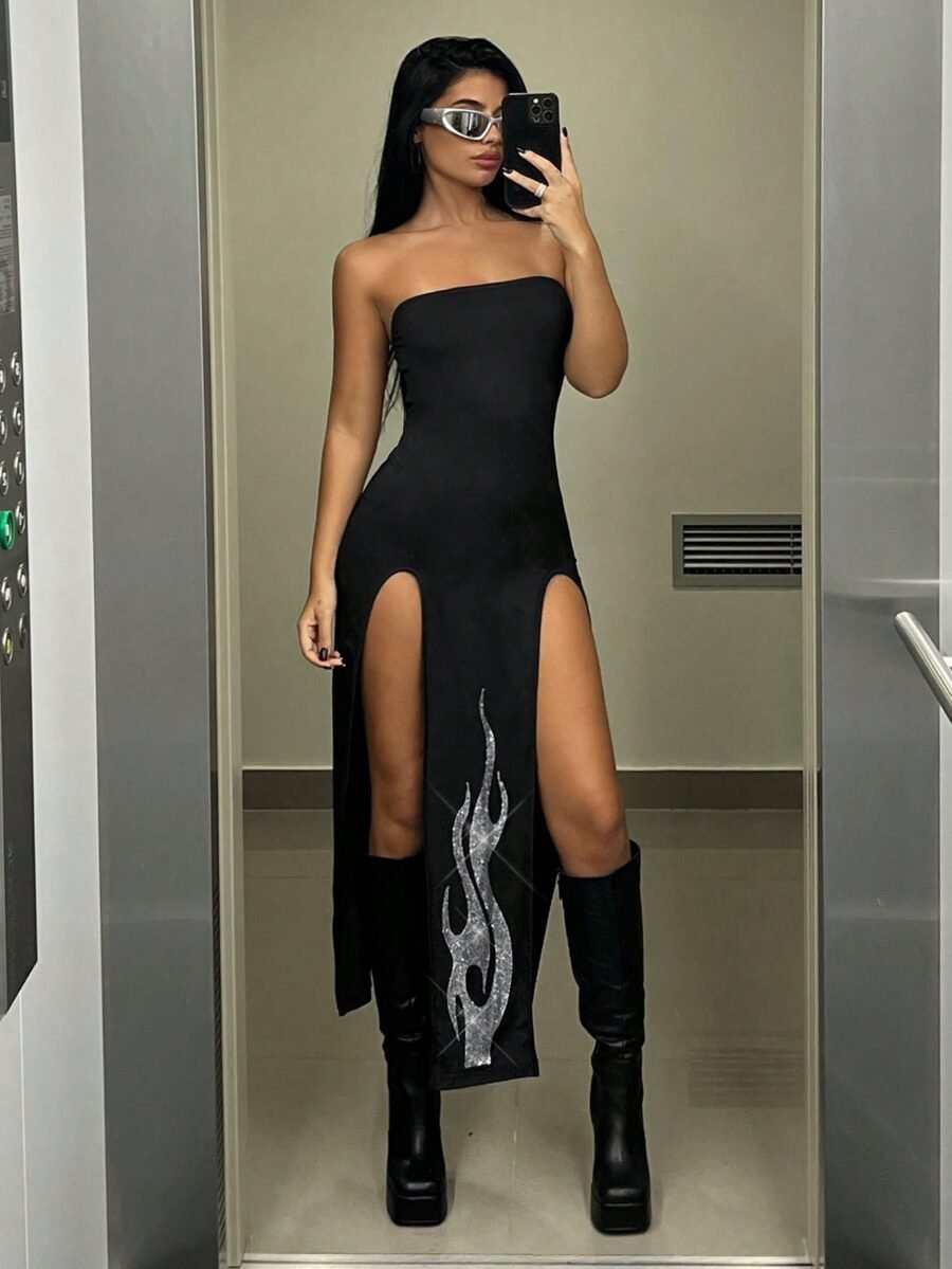 Women's Bodycon Black Dress With Flame Rhinestone & Slit Design – Image 2