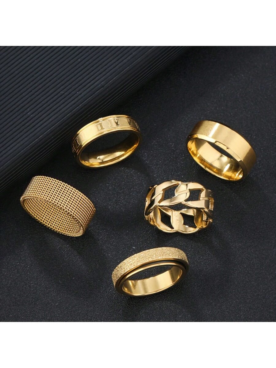 5pcs Stylish Stainless Steel Stamped Gold Classics Ring Set Dark Men's Jewellery Trendy and versatile Suitable for daily decoration Halloween Essentials Father's Day Husband Gift