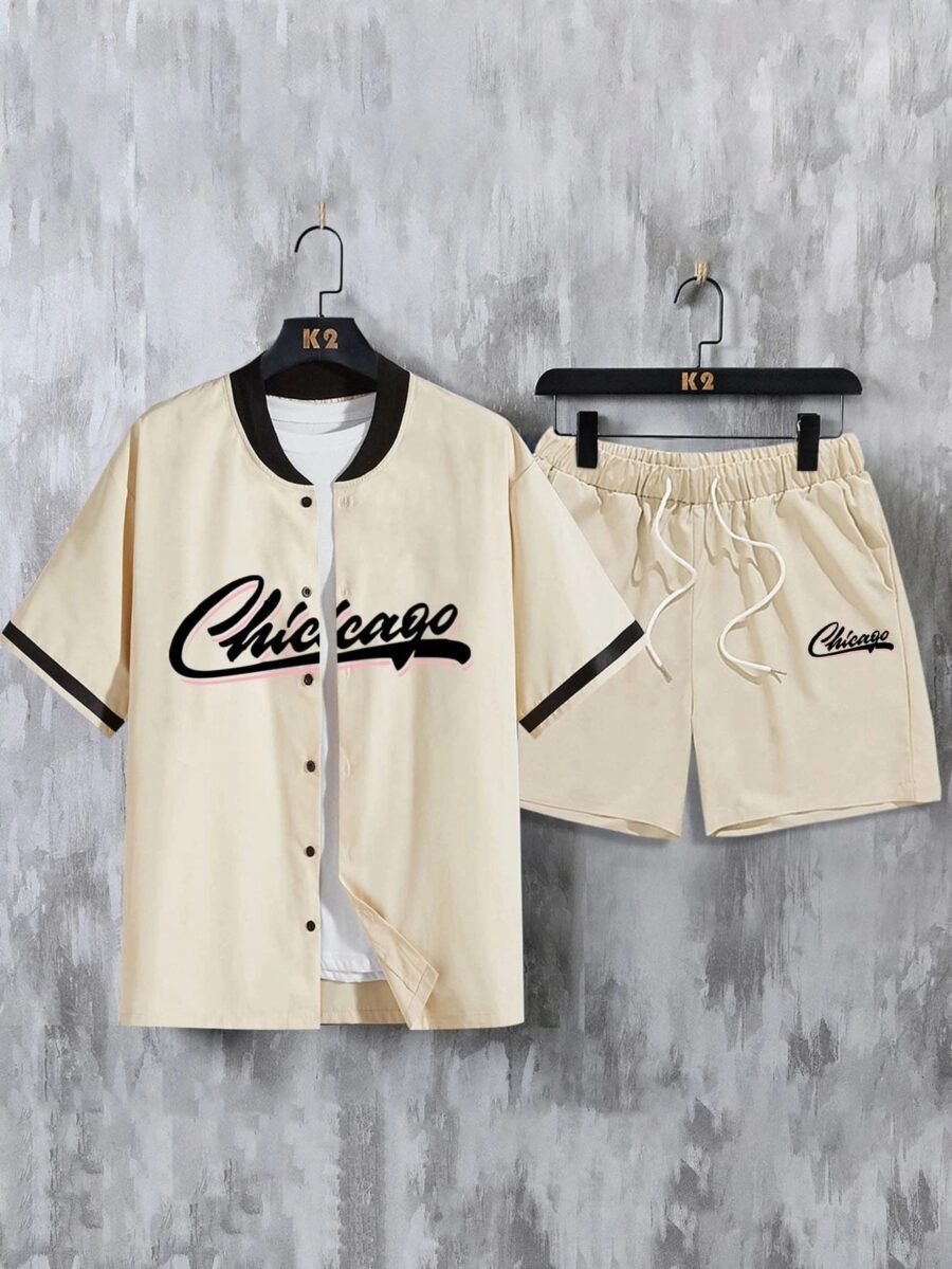 Manfinity Sporsity Men Letter Graphic Baseball Collar Shirt & Drawstring Waist Shorts Without Tee