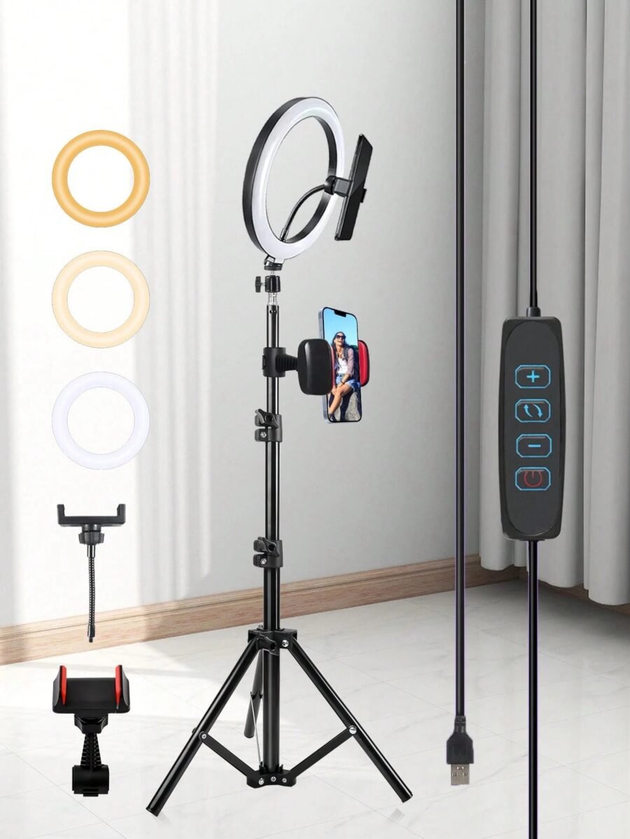 A 10 Inch LED Selfie Ring Light With 43 Inch Tripod And 2 Phone Holders, Adjustable Dimming Knob Control, USB Power Supply.