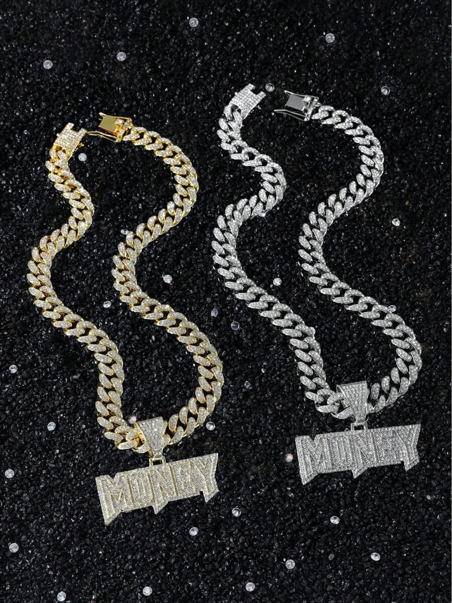 1 Set 13mm Wide Hip-Hop Style MONEY Pendant Necklace With Rhinestones And Letter M, Link Chain, Gothic Collarbone Chain Jewelry, Ideal Gift For Boyfriend